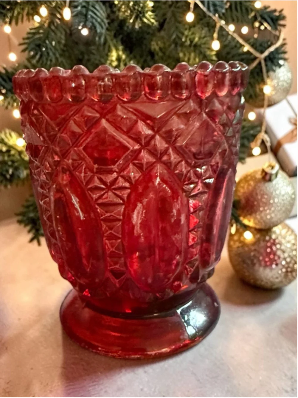 Vintage Ruby Red Pressed Glass Footed Spooner / Vase